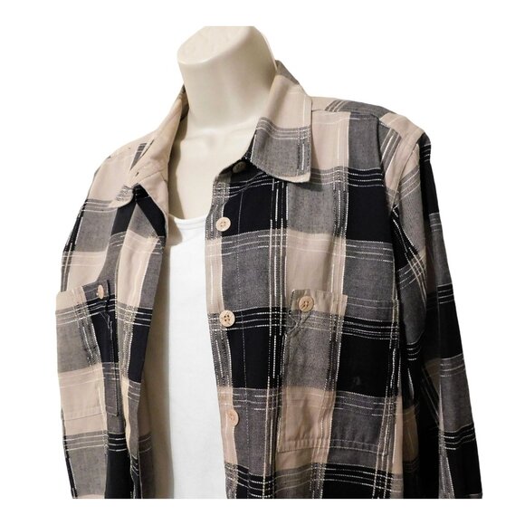 Christopher & Banks Shirt Jacket L Black Tan Bold Plaid Long Sleeve 100% Cotton - Picture 2 of 9